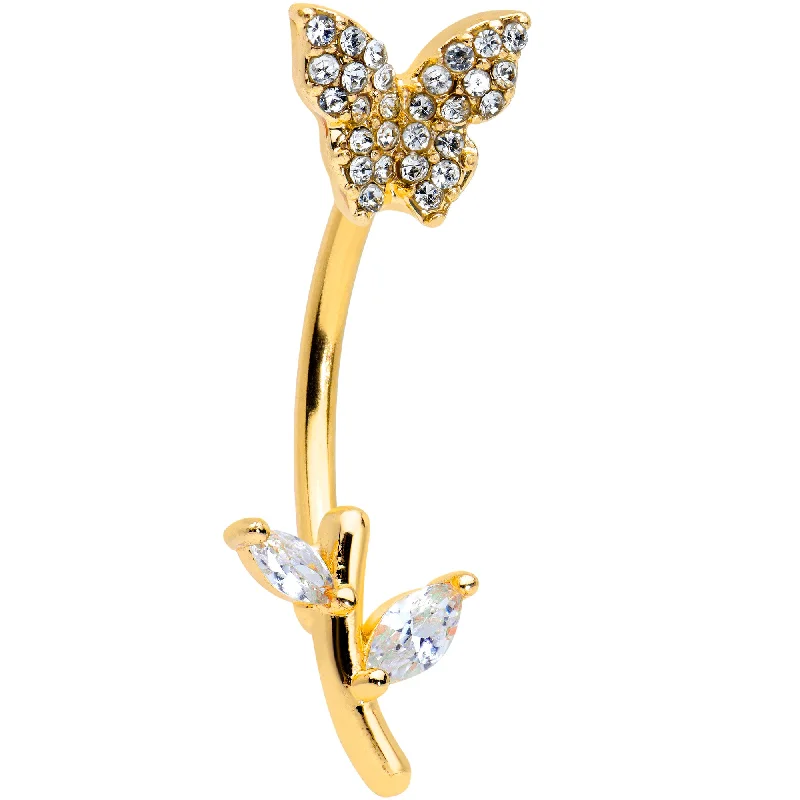 Belly Rings with Vibrant Gemstones for Glamorous Style -Clear CZ Gem Gold Tone Branch Butterfly Double Mount Belly Ring Belly Rings with Vibrant Gemstones for Glamorous Style -Clear CZ Gem Gold Tone Branch Butterfly Double Mount Belly Ring