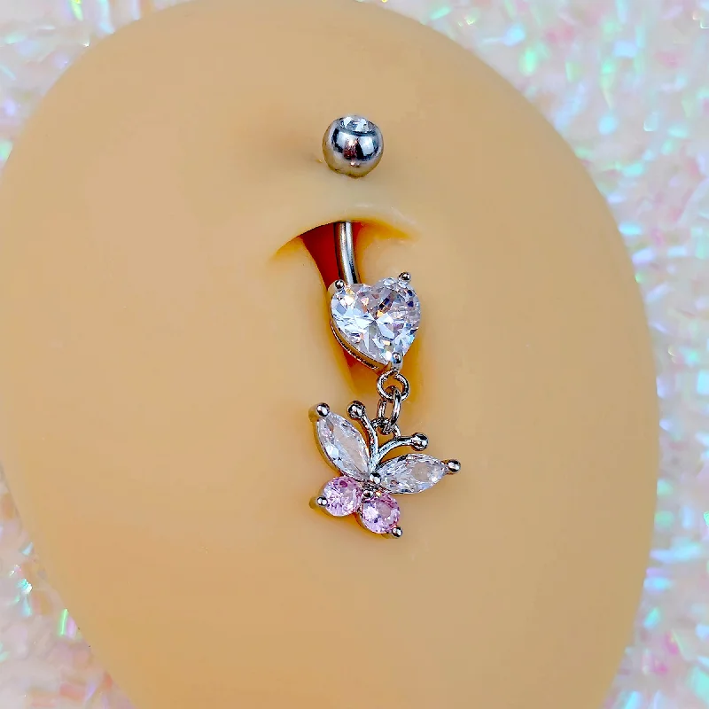 Designer Belly Rings with Exclusive Appeal -Pink Clear Gem Love Butterfly Dangle Belly Ring Designer Belly Rings with Exclusive Appeal -Pink Clear Gem Love Butterfly Dangle Belly Ring