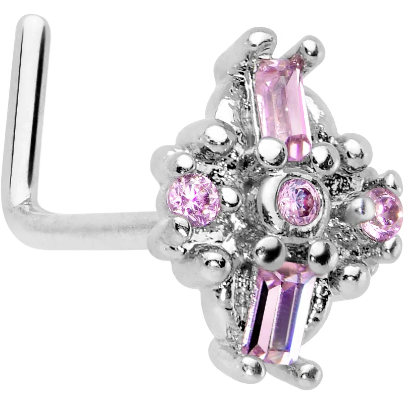 Nose Rings for Everyday Look -20 Gauge 7mm Pink Gem Opulent Cross L Shape Nose Ring