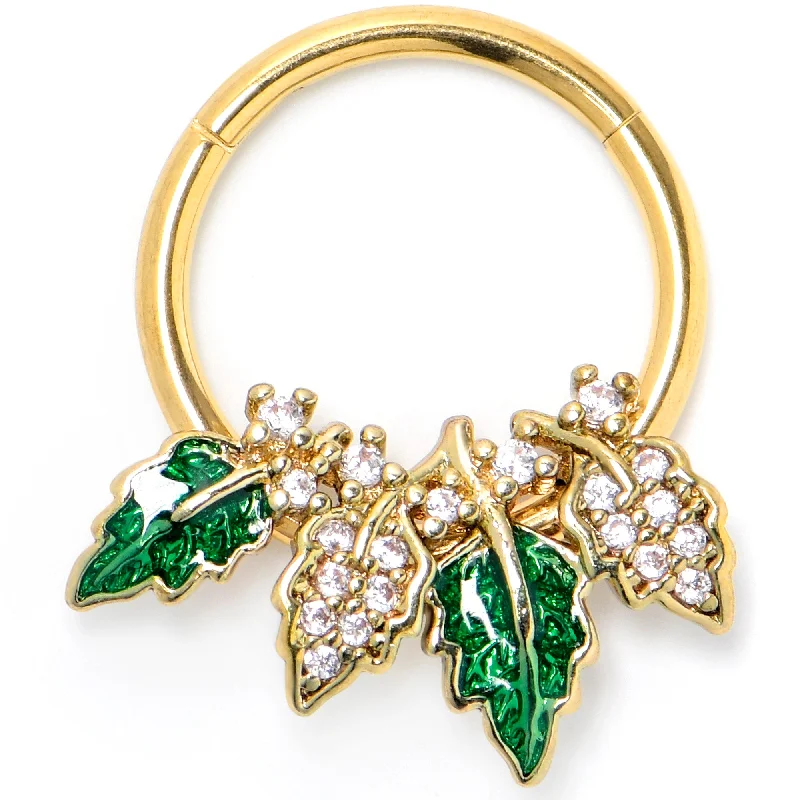 Bold Nose Rings for Confident Fashion -16 Gauge 3/8 Clear CZ Gem Gold Tone Leafy Beauty Hinged Segment Ring Bold Nose Rings for Confident Fashion -16 Gauge 3/8 Clear CZ Gem Gold Tone Leafy Beauty Hinged Segment Ring