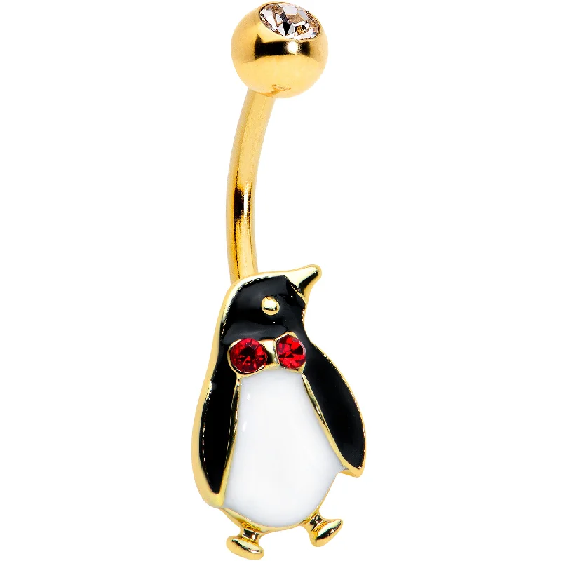 Beautiful Belly Rings for Stunning Effect -Clear Red Gem Gold Tone Bow Tie Penguin Holiday Belly Ring Beautiful Belly Rings for Stunning Effect -Clear Red Gem Gold Tone Bow Tie Penguin Holiday Belly Ring