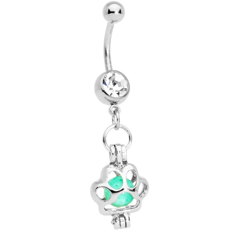 Trendy Belly Rings for Statement Fashion -Clear Gem Glow in the Dark Paw Print Dangle Belly Ring Trendy Belly Rings for Statement Fashion -Clear Gem Glow in the Dark Paw Print Dangle Belly Ring