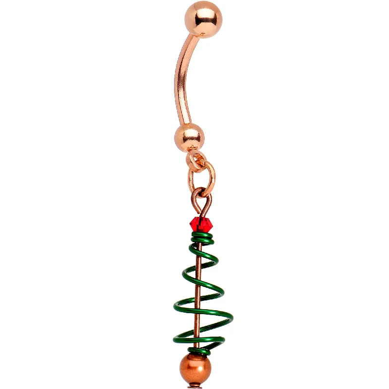 Custom Belly Rings for Personalized Style -Rose Gold PVD Green Wire Christmas Tree Dangle Belly Ring Custom Belly Rings for Personalized Style -Rose Gold PVD Green Wire Christmas Tree Dangle Belly Ring