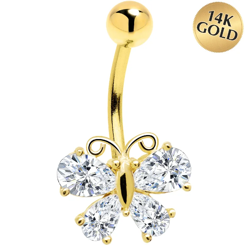 Trendy Belly Rings for Modern Fashionistas -16 Gauge Solid 14kt Yellow Gold Cubic Zirconia Butterfly Belly Ring Trendy Belly Rings for Modern Fashionistas -16 Gauge Solid 14kt Yellow Gold Cubic Zirconia Butterfly Belly Ring