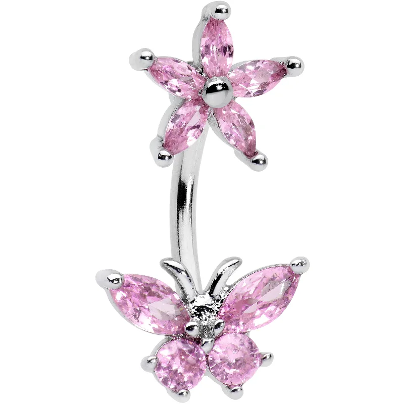 Trendy Belly Rings for Fashion Enthusiasts -Pink CZ Gem Flower Butterfly Double Mount Belly Ring Trendy Belly Rings for Fashion Enthusiasts -Pink CZ Gem Flower Butterfly Double Mount Belly Ring