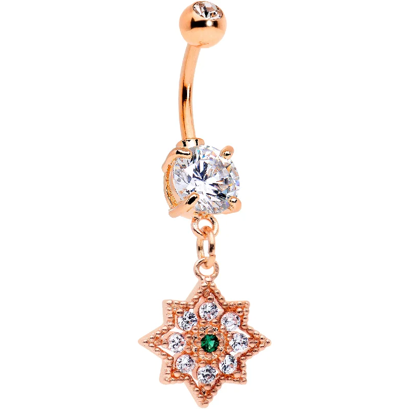 Trendy Belly Rings with Stylish Accents -Clear Green Gem Rose Gold Tone Evening Star Dangle Belly Ring Trendy Belly Rings with Stylish Accents -Clear Green Gem Rose Gold Tone Evening Star Dangle Belly Ring