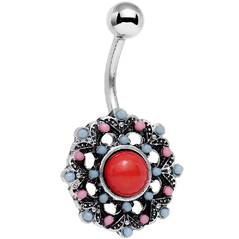 Trendy Belly Rings for Bold Fashion -Red Blue Faux Turquoise Southwestern Flower Belly Ring Trendy Belly Rings for Bold Fashion -Red Blue Faux Turquoise Southwestern Flower Belly Ring