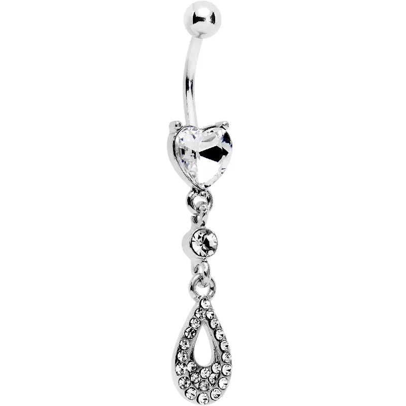 Trendy Belly Rings for Glamorous Fashion -Clear CZ Gem Valentine Dew Drop Heart Dangle Belly Ring
