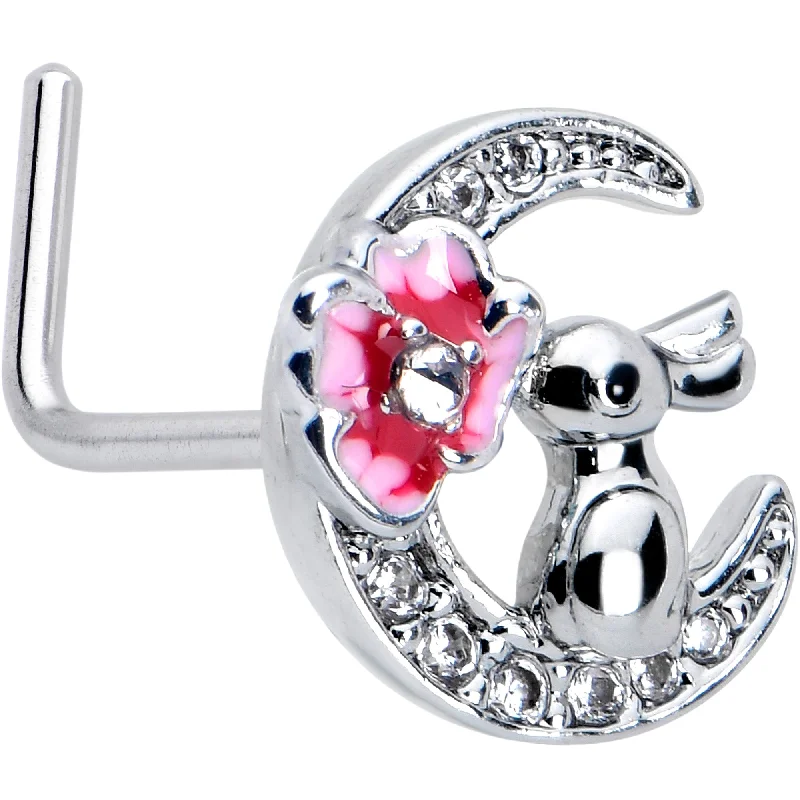 Modern Nose Rings for Women -20 Gauge 7mm Clear CZ Gem Rabbit On The Moon Pink L Shape Nose Ring Modern Nose Rings for Women -20 Gauge 7mm Clear CZ Gem Rabbit On The Moon Pink L Shape Nose Ring