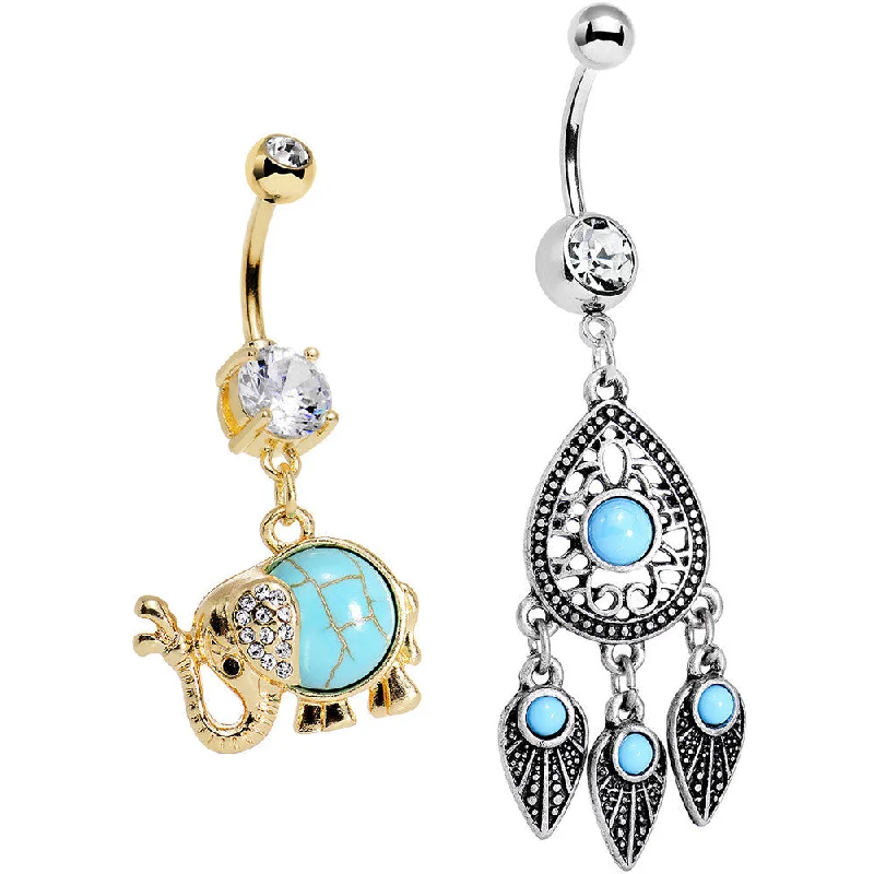 Comfortable Belly Rings for Everyday Fashion -Faux Turquoise Elephant and Dreamcatcher Dangle Belly Ring Set Comfortable Belly Rings for Everyday Fashion -Faux Turquoise Elephant and Dreamcatcher Dangle Belly Ring Set