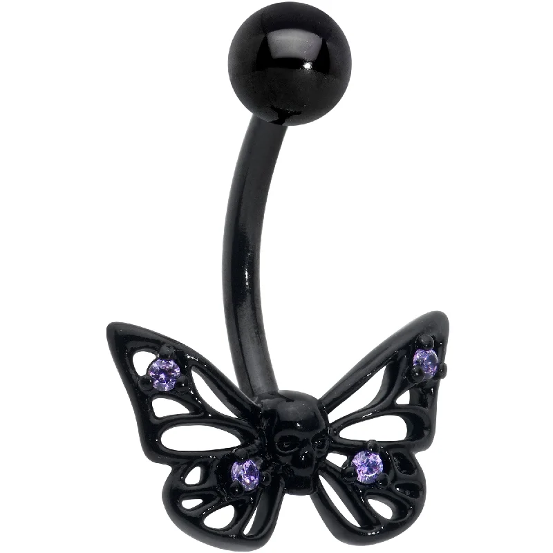 Elegant Belly Rings for Chic Fashionistas -Purple CZ Gem Black Skull Butterfly Belly Ring Elegant Belly Rings for Chic Fashionistas -Purple CZ Gem Black Skull Butterfly Belly Ring