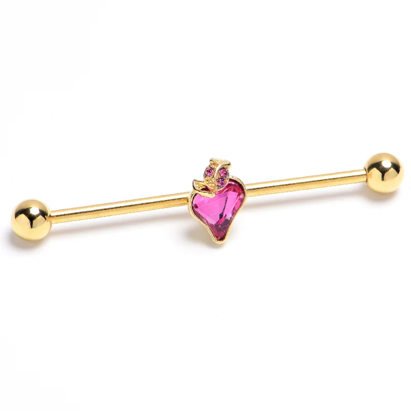 Women's Earrings – Elegant Designs for Every Personality--14 Gauge Pink Gem Gold Tone Strawberry Love Industrial Barbell 38mm