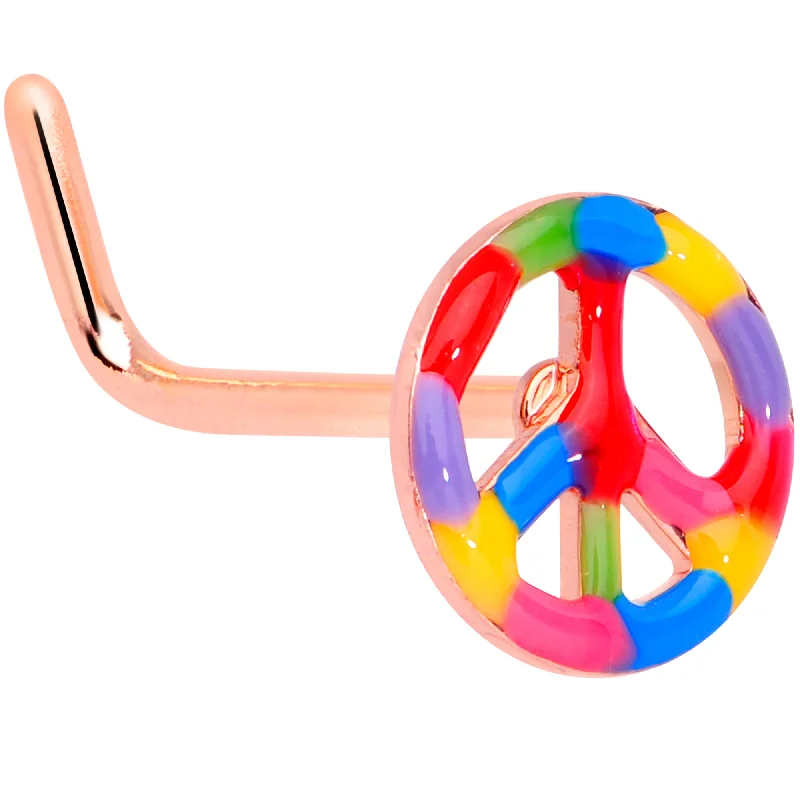 Nose Rings for Beach Look -20 Gauge 5/16 Rose Gold Tone Rainbow Peace Sign L Shaped Nose Ring Nose Rings for Beach Look -20 Gauge 5/16 Rose Gold Tone Rainbow Peace Sign L Shaped Nose Ring
