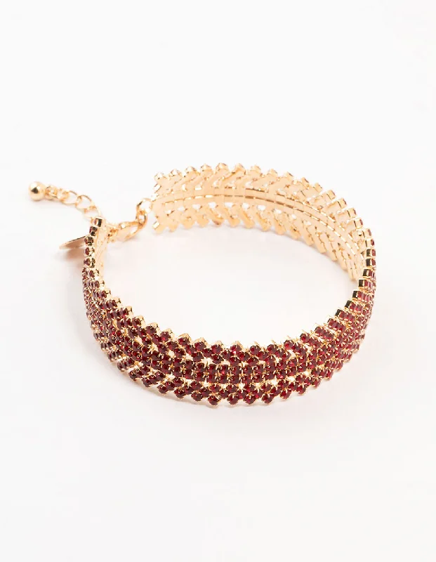 Personalized Gold Wedding Bangles for Women-Gold & Red  Spikey 4 Row Diamante Wrist Cuff
