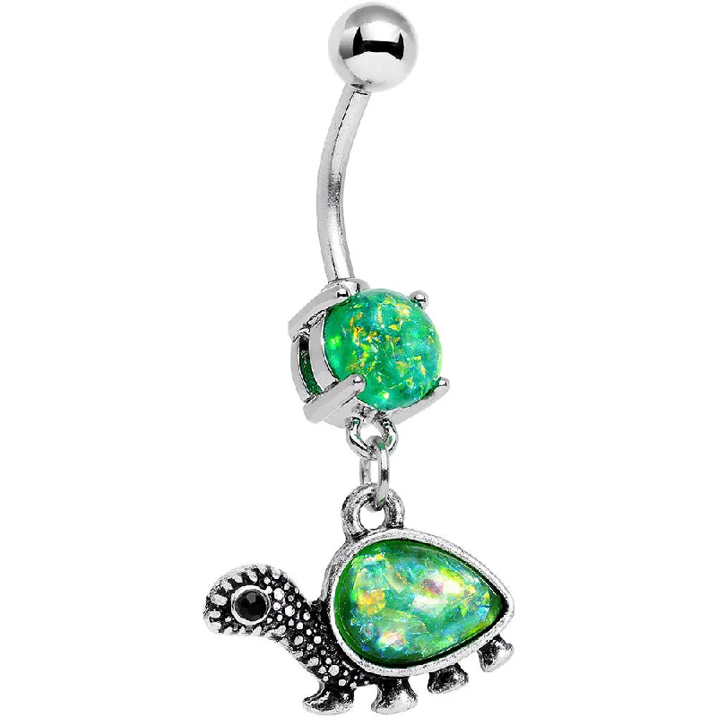 Beautiful Belly Rings for Fashion-Forward Style -Green Faux Opal Traipsing Turtle Dangle Belly Ring Beautiful Belly Rings for Fashion-Forward Style -Green Faux Opal Traipsing Turtle Dangle Belly Ring