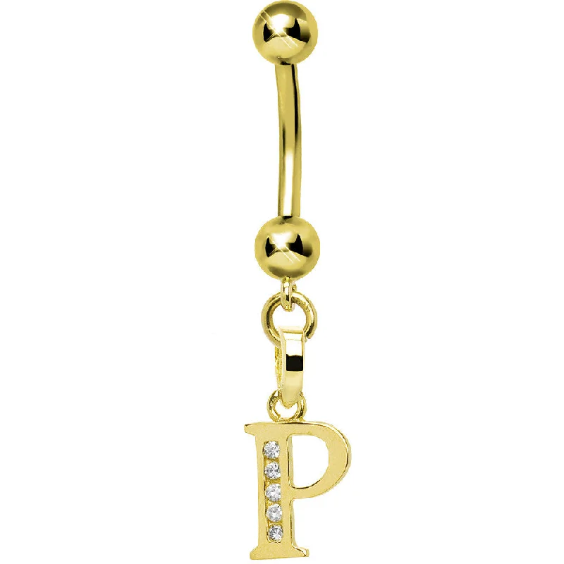 Fashionable Belly Rings with Vibrant Accents -16 Gauge Solid 14kt Yellow Gold CZ Initial P Belly Ring Fashionable Belly Rings with Vibrant Accents -16 Gauge Solid 14kt Yellow Gold CZ Initial P Belly Ring