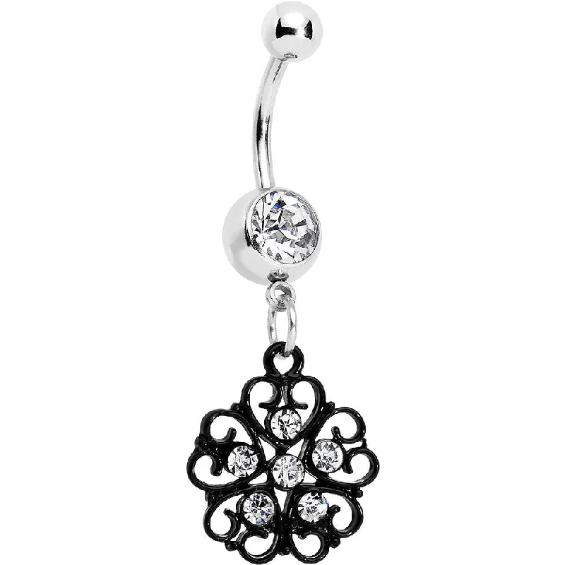 Comfortable Belly Rings with Beautiful Detailing -Clear Czech Stone Black Quinate Romance Dangle Belly Ring Comfortable Belly Rings with Beautiful Detailing -Clear Czech Stone Black Quinate Romance Dangle Belly Ring