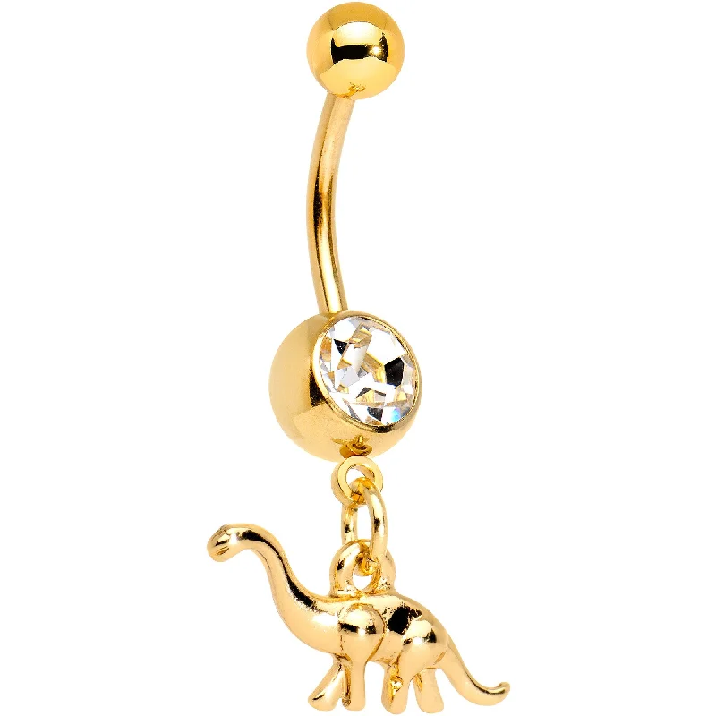 Beautiful Belly Rings for Every Occasion -Clear Gem Gold Tone Anodized Big Bad Brontosaurus Dinosaur Dangle Belly Ring Beautiful Belly Rings for Every Occasion -Clear Gem Gold Tone Anodized Big Bad Brontosaurus Dinosaur Dangle Belly Ring