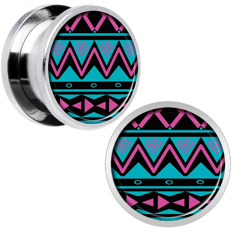 Women's Earrings – Elegant Designs for Every Personality--Pink Teal Tribal Print Steel Screw Fit Plug Set 9/16 Women's Earrings – Elegant Designs for Every Personality--Pink Teal Tribal Print Steel Screw Fit Plug Set 9/16