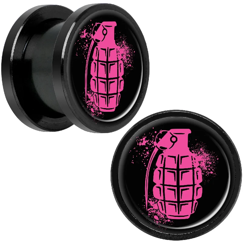 Women's Earrings – Elegant Designs for Every Personality--Pink Grenade Black Anodized Screw Fit Plug Set 1/2 Women's Earrings – Elegant Designs for Every Personality--Pink Grenade Black Anodized Screw Fit Plug Set 1/2