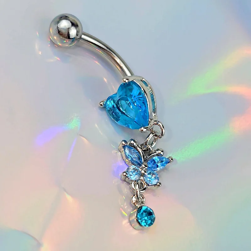 Comfortable Belly Rings for Casual Looks -Blue Gem Butterfly Have A Heart Dangle Belly Ring Comfortable Belly Rings for Casual Looks -Blue Gem Butterfly Have A Heart Dangle Belly Ring
