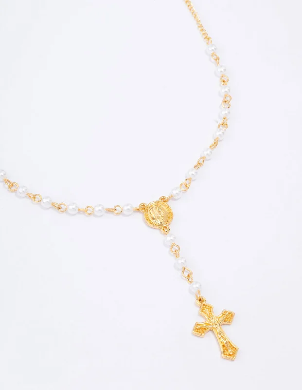 Shop Classic Women's Necklaces & Pendants with a Modern Twist-Gold Plated Pearl Cross Y-Shaped Pendant Necklace Shop Classic Women's Necklaces & Pendants with a Modern Twist-Gold Plated Pearl Cross Y-Shaped Pendant Necklace