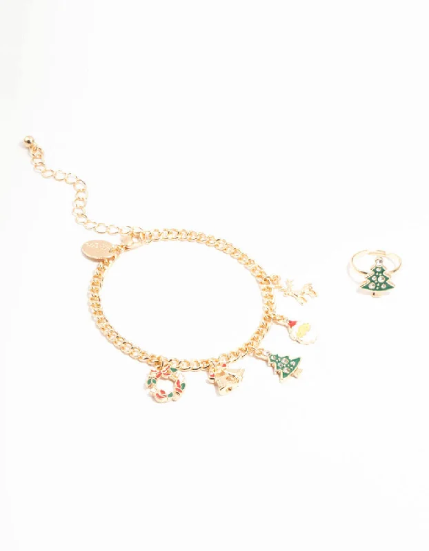 Vintage-Inspired Bangles for Women-Tree Motif Gold Ring & Charm Bracelet Set