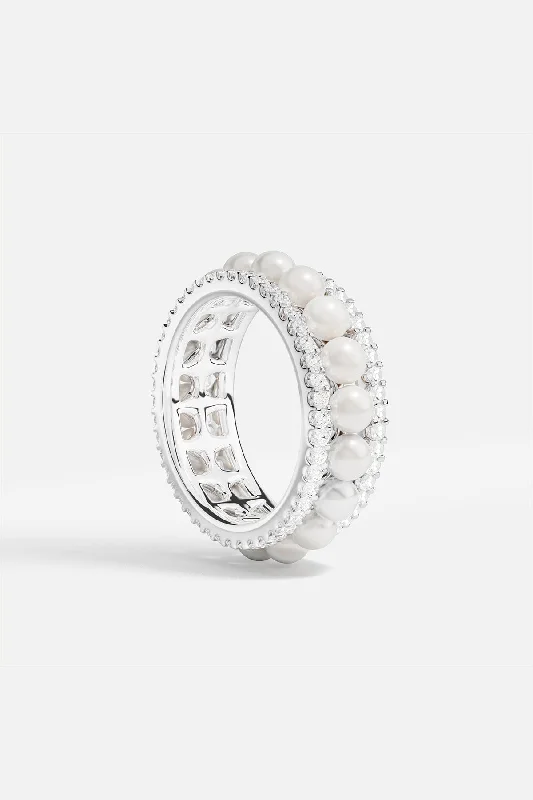 Chic Women's Rings for Fashion-Forward Looks-Double Paved Hoop Ring with Pearls