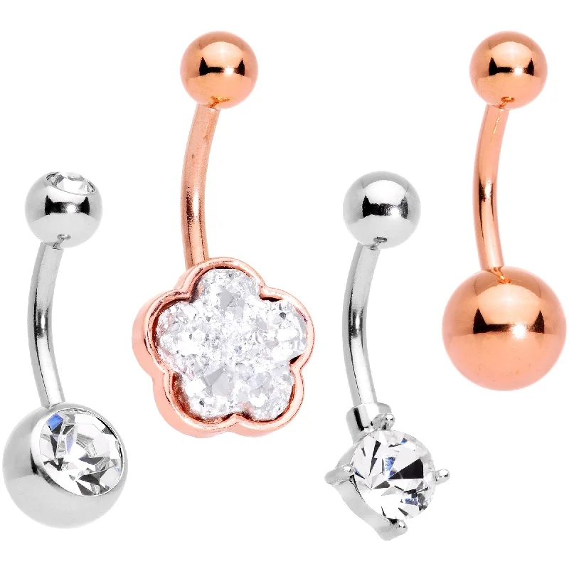 Sparkling Belly Rings with Radiant Stones -Clear Gem White Faux Druzy Rose Gold Tone Flower Belly Ring Set of 4 Sparkling Belly Rings with Radiant Stones -Clear Gem White Faux Druzy Rose Gold Tone Flower Belly Ring Set of 4