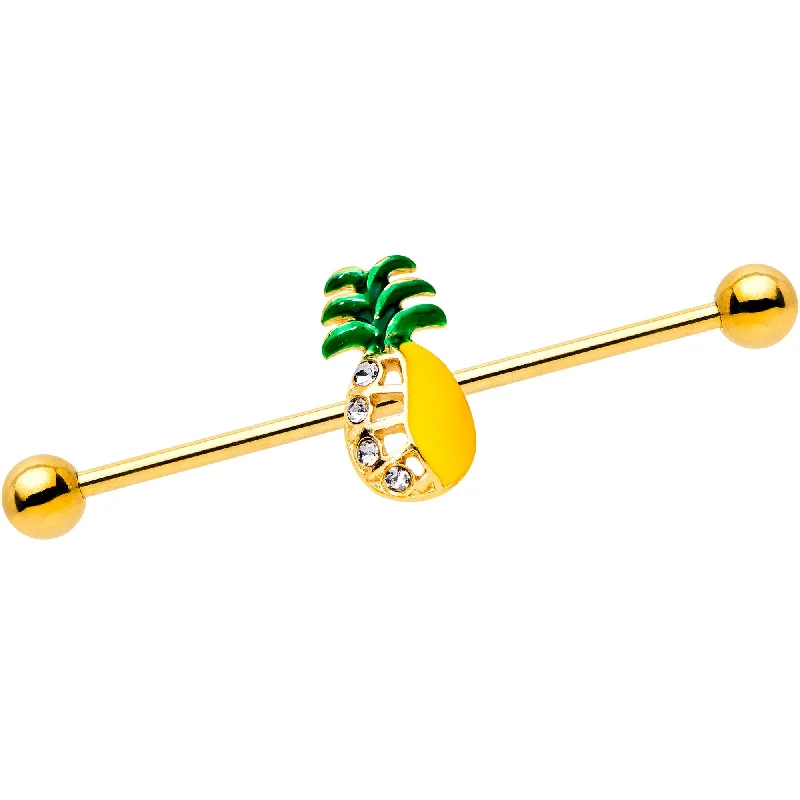 Women's Earrings – Elegant Designs for Every Personality--Clear Gem Gold PVD Half Paved Pineapple Industrial Barbell 38mm Women's Earrings – Elegant Designs for Every Personality--Clear Gem Gold PVD Half Paved Pineapple Industrial Barbell 38mm