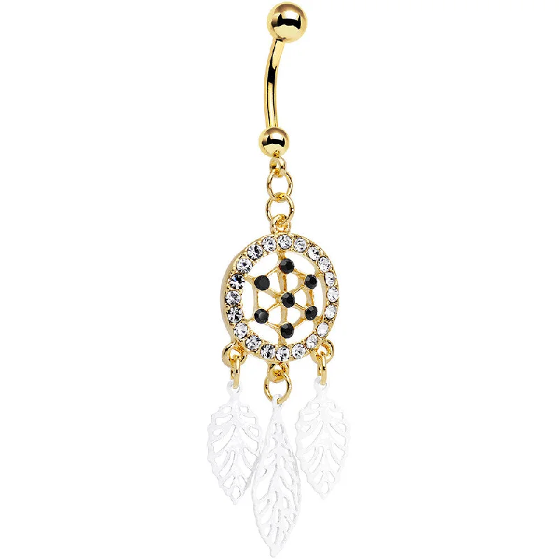 Comfortable Belly Rings with Bold Style -Clear Gem Gold Anodized Steel Dream Leaf Dangle Belly Ring Comfortable Belly Rings with Bold Style -Clear Gem Gold Anodized Steel Dream Leaf Dangle Belly Ring