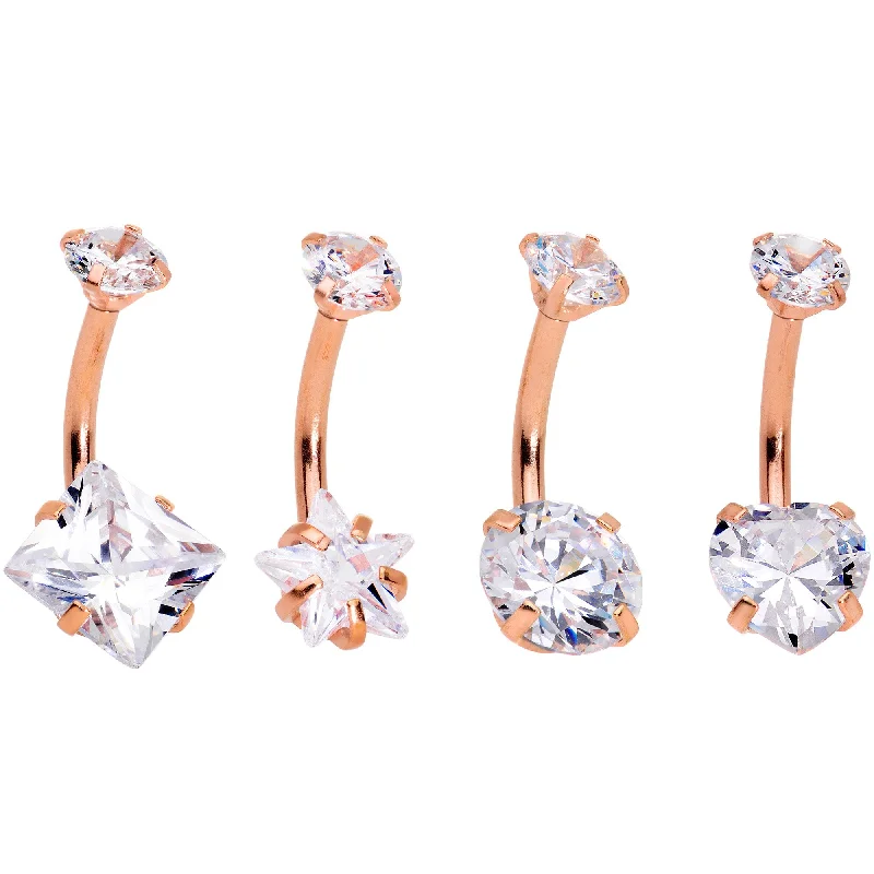 Designer Belly Rings for Bold Looks -Clear Gem Rose Gold Hue Round Rhombus Heart Star Belly Ring Set of 4 Designer Belly Rings for Bold Looks -Clear Gem Rose Gold Hue Round Rhombus Heart Star Belly Ring Set of 4