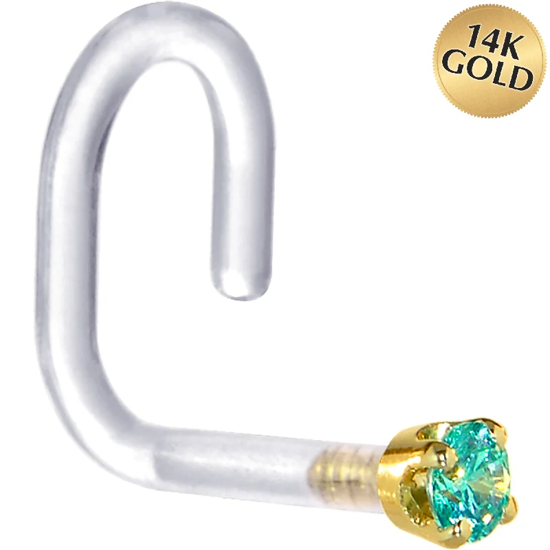 Nose Rings with No-Clasp Style -18 Gauge 1/4 Yellow Gold 1.5mm Mint Green Cubic Zirconia Bioplast Nose Ring Nose Rings with No-Clasp Style -18 Gauge 1/4 Yellow Gold 1.5mm Mint Green Cubic Zirconia Bioplast Nose Ring