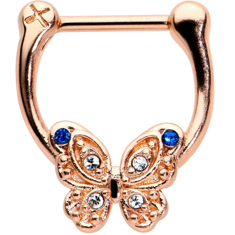 Elegant Nose Rings with Minimalist Design -16 Gauge 5/16 Blue Gem Rose Gold Tone Butterfly Cartilage Clicker Elegant Nose Rings with Minimalist Design -16 Gauge 5/16 Blue Gem Rose Gold Tone Butterfly Cartilage Clicker