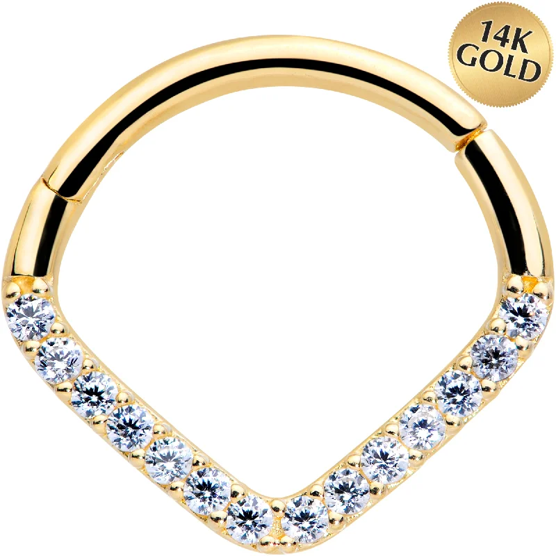 Elegant Nose Rings with Unique Designs -16 Gauge 3/8 14k Gold Clear CZ Gem Chevron Hinged Segment Ring