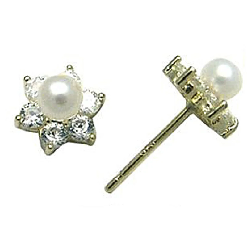 Women's Earrings – Elegant Designs for Every Personality--14kt Yellow Gold CZ Flower Pearl Stud Earrings
