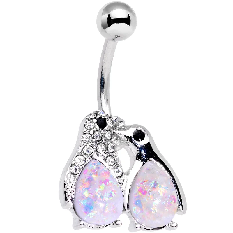 Custom Belly Rings for Personal Flair -Clear Gem Pink Faux Opal Penguin Duo Belly Ring Custom Belly Rings for Personal Flair -Clear Gem Pink Faux Opal Penguin Duo Belly Ring