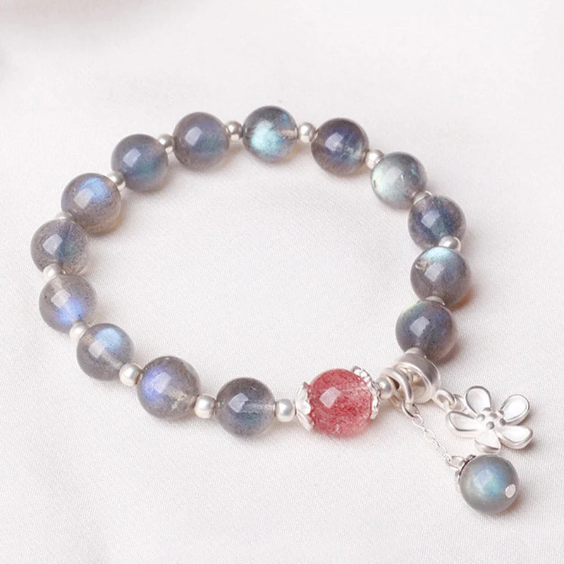 Silver Beaded Bangles for Women-Buddha Stones Moonstone Strawberry Quartz Flower Healing Charm Bracelet Silver Beaded Bangles for Women-Buddha Stones Moonstone Strawberry Quartz Flower Healing Charm Bracelet