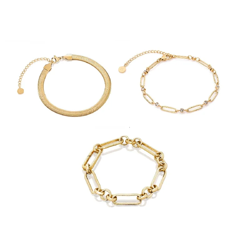 Wedding Bangles for Women-Figaro & Snake Chain Bracelet Bundle (Gold)