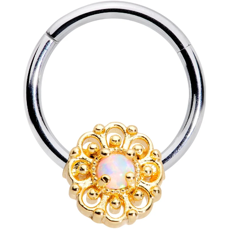 Classic and Chic Nose Rings -16 Gauge 3/8 White Faux Opal Lacy Flower Hinged Segment Ring Classic and Chic Nose Rings -16 Gauge 3/8 White Faux Opal Lacy Flower Hinged Segment Ring