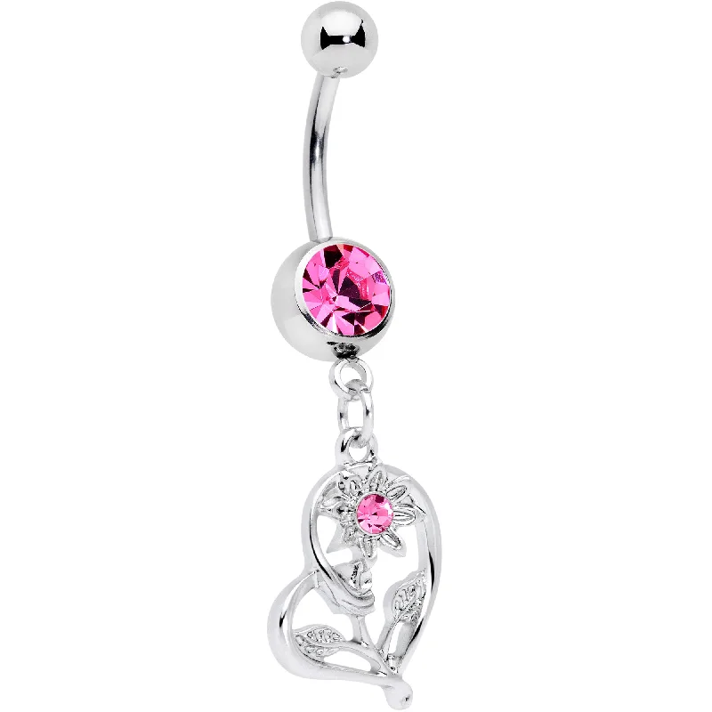 Chic Belly Rings with Gemstone Accents -Pink Gem Blossoming Heart Flower Dangle Belly Ring Chic Belly Rings with Gemstone Accents -Pink Gem Blossoming Heart Flower Dangle Belly Ring