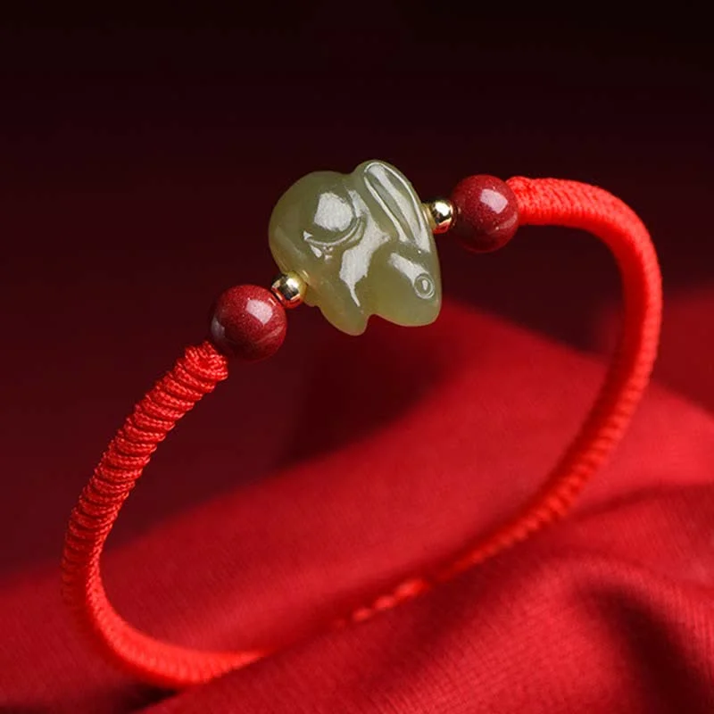 Trendy Stackable Bangles for Women-Year of the Rabbit Hetian Jade Bunny Cinnabar Beaded Abundance String Bracelet