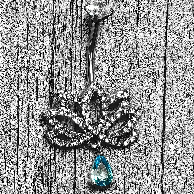 Belly Rings with Modern and Chic Styles -Clear Blue CZ Gem Fashion Flower Lotus Flower Dangle Belly Ring Belly Rings with Modern and Chic Styles -Clear Blue CZ Gem Fashion Flower Lotus Flower Dangle Belly Ring