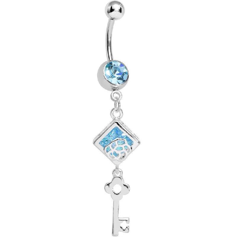 Belly Rings with Glowing Gemstones for Bold Style -Aqua Gem Key to My Diary Dangle Belly Ring Belly Rings with Glowing Gemstones for Bold Style -Aqua Gem Key to My Diary Dangle Belly Ring
