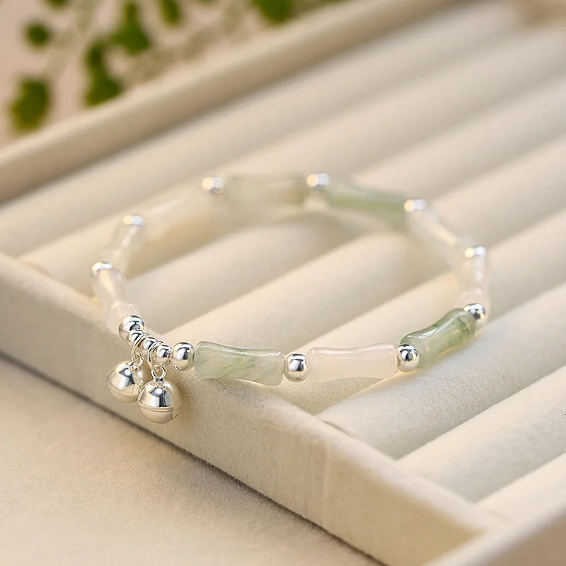 Bangles with Engraved Initials for Women-Buddha Stones 925 Sterling Silver Natural White Jade Bamboo Bell Charm Luck Happiness Bracelet