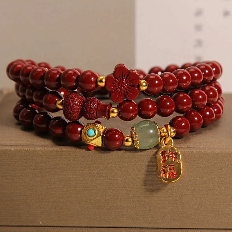 Fashion Bangles for Women with Unique Stone Settings-Buddha Stones Cinnabar Fu Character Flower Gourd Triple Wrap Blessing Bracelet Fashion Bangles for Women with Unique Stone Settings-Buddha Stones Cinnabar Fu Character Flower Gourd Triple Wrap Blessing Bracelet