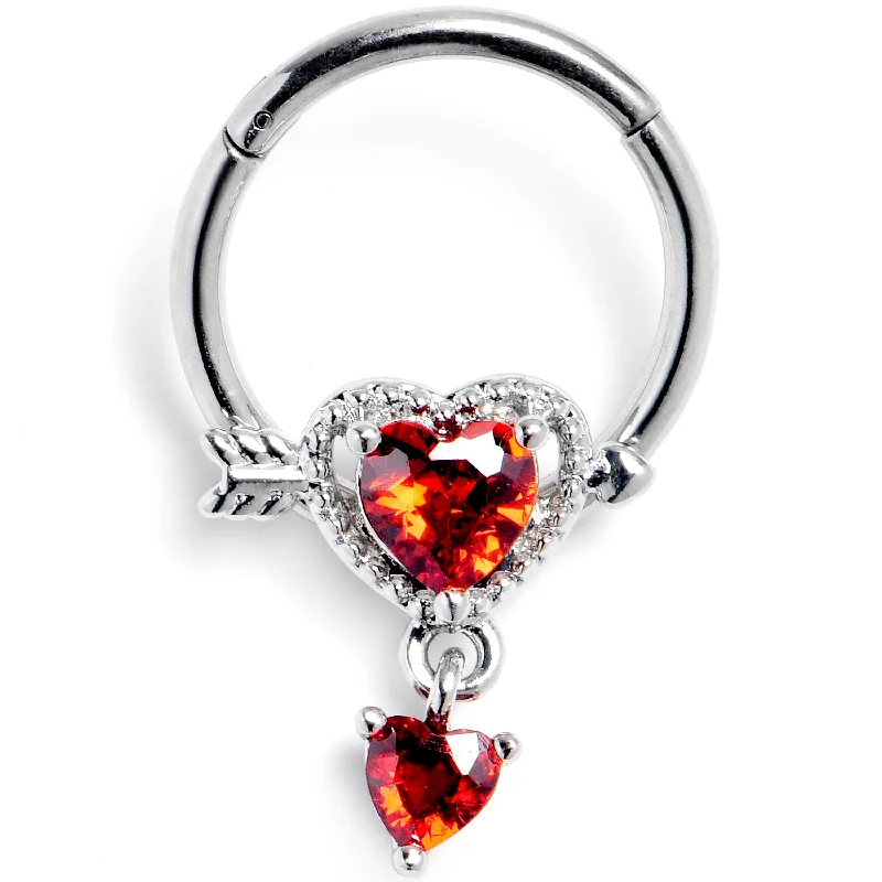 Women's Earrings – Elegant Designs for Every Personality--16 Gauge 3/8 Red CZ Gem Fusion of Love Arrow Heart Hinged Segment Ring