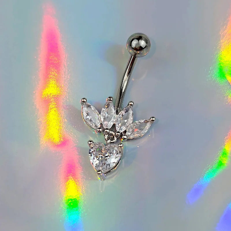 Comfortable Belly Rings for Everyday Fashion -Clear Gem Quartet Heart Dangle Belly Ring