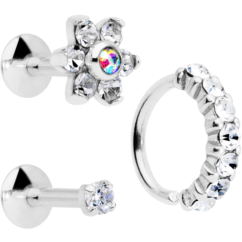 Comfortable Lip Rings for Sensitive Piercings16 Gauge Clear CZ Gem Cartilage Labret Closure Ring Set of 3