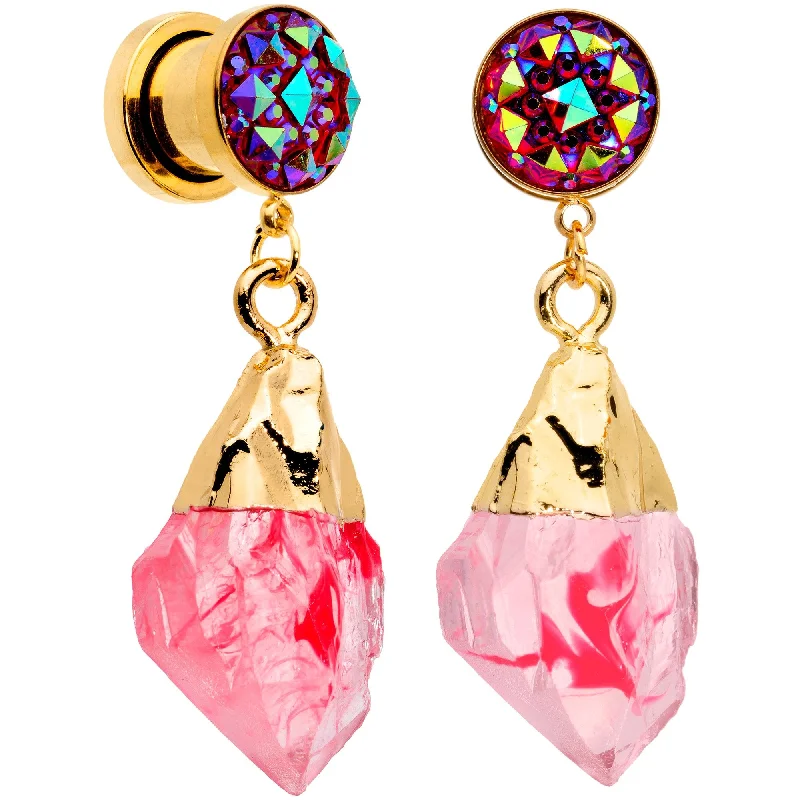 Women's Earrings – Elegant Designs for Every Personality--Pink Faux Druzy Quartz Gold Tone Dangle Screw Fit Plug Set 8mm to 16mm